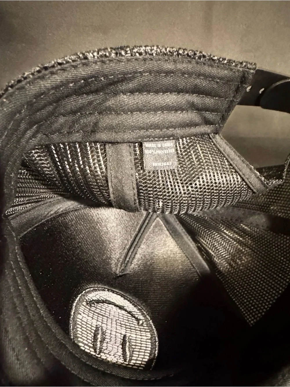 Black Mesh Trucker Hat Holographic Smiley Face Patch Snapback Color Shift Cap
